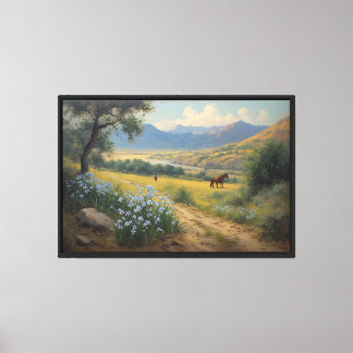 Lienzo Valle montañoso con caballos y flores azules