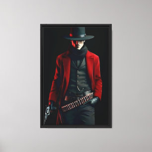 Lienzo Vaquero de Abrigo Rojo, cantante de pistolas enmar