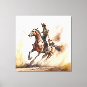 Lienzo Vaquero occidental polvoriento a lomos de mustang