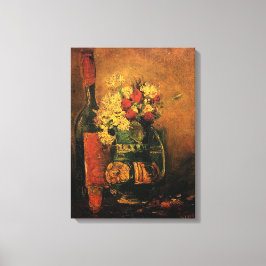 Lienzo Vase con claveles y Rosas y una botella de vino