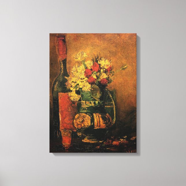 Lienzo Vase con claveles y Rosas y una botella de vino (Anverso)