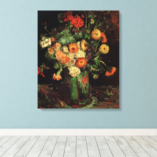 Lienzo Vase con Zinnias y Geranios, Vincent van Gogh (Insitu (piso de madera))