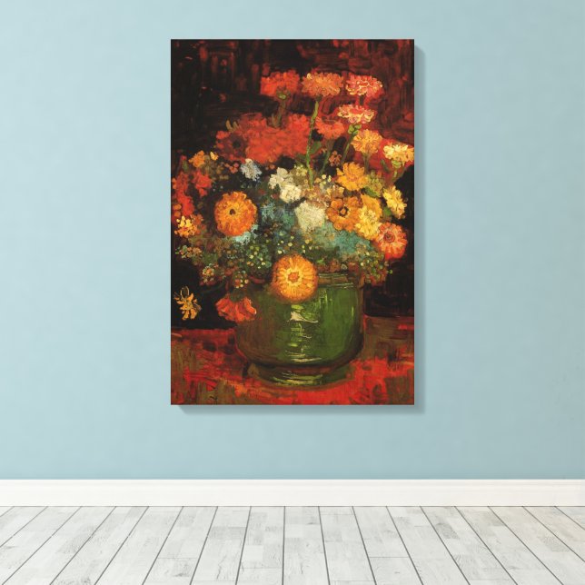 Lienzo Vase de vida con zinnias de Vincent van Gogh (Insitu (piso de madera))