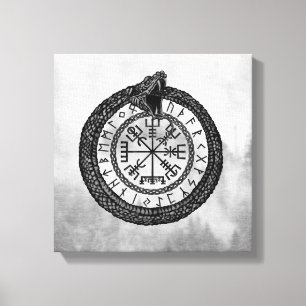 Lienzo Vegvisir con Ouroboros y runas - escala de grises