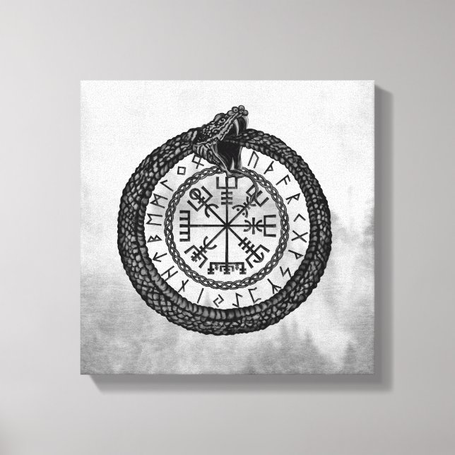 Lienzo Vegvisir con Ouroboros y runas - escala de grises (Anverso)