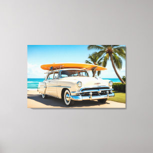 Lienzo Vehículo vintage en la playa con tabla de surf