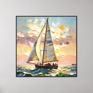 Lienzo Velero al atardecer con olas del océano  