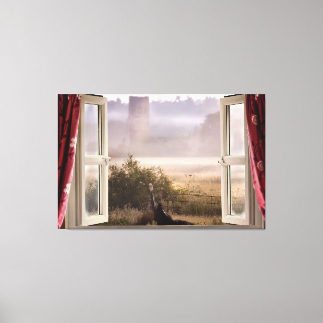 Lienzo Ventana abierta mañana brumosa con lechuza de gran (Anverso)