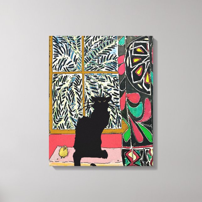 Lienzo Ventana de árbol de palma con gato negro (Anverso)