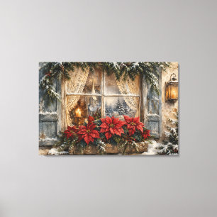 Lienzo Ventana de Navidad con Poinsettia Nevada