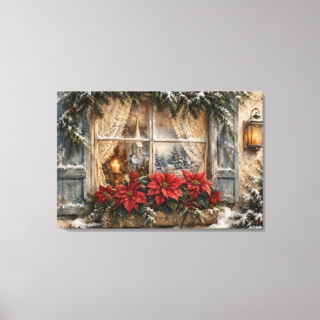 Lienzo Ventana de Navidad con Poinsettia Nevada (Anverso)