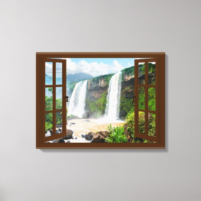 Lienzo Ventana Falso de la vista de cascadas (Anverso)