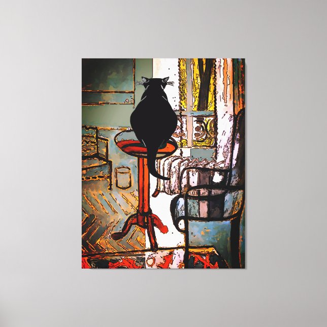 Lienzo Ventana verde con gato negro (Anverso)