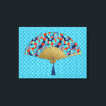 Lienzo Ventilador Deco - Flores de cobalto, turquesa y ro<br><div class="desc">Un lienzo japonés Art Déco con un patrón tradicional de crisantemo estilizado utilizado en los textiles japoneses,  en tonos azules,  turquesa y rojo intenso,  delineado en oro,  sobre azul oscuro,  con una base dorada grabado en relieve y un fondo de diseño coordinado</div>