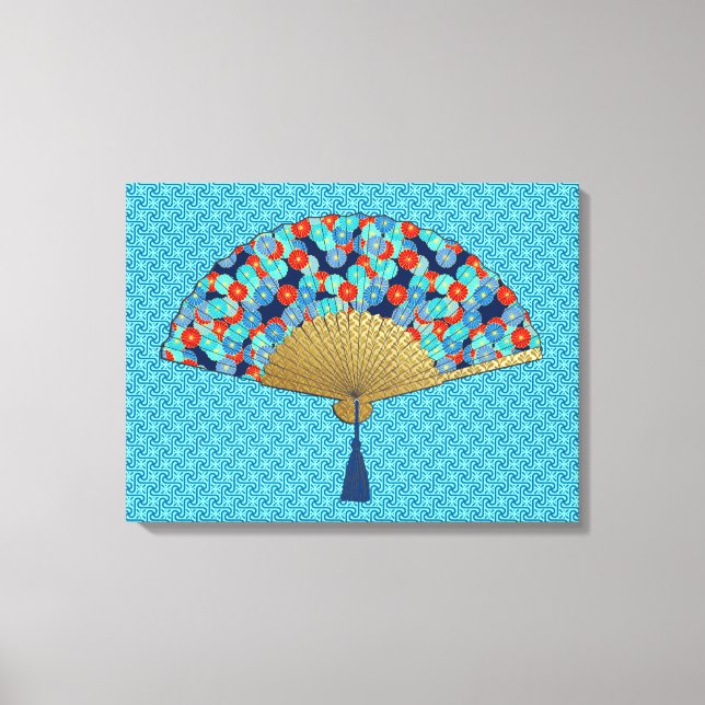 Lienzo Ventilador Deco - Flores de cobalto, turquesa y ro (Anverso)