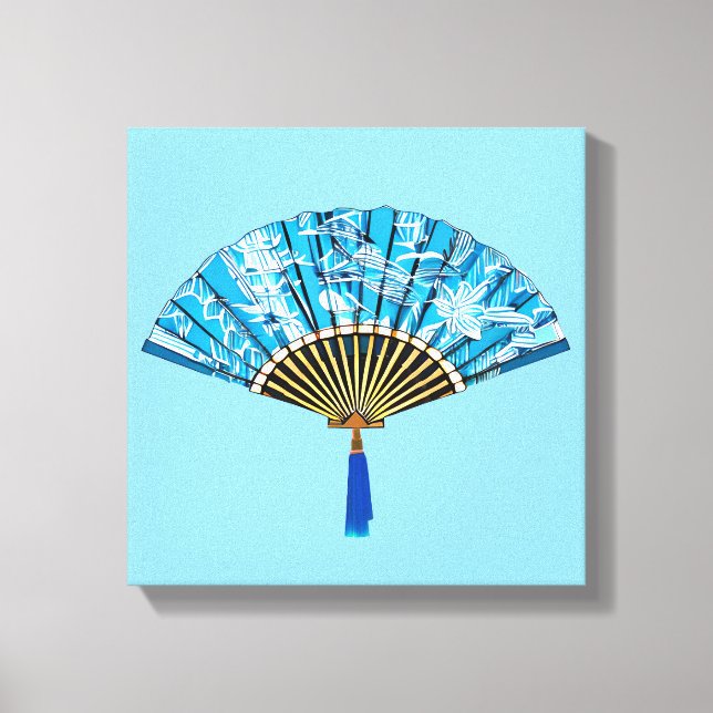 Lienzo Ventilador japonés en azul turquesa y blanco (Anverso)