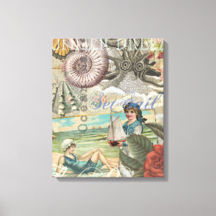 Lienzo verano playa vintage pulpo antiguo navegando