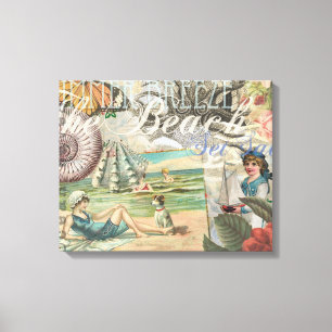 Lienzo verano playa vintage pulpo antiguo velero