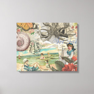 Lienzo verano playa vintage pulpo antiguo velero