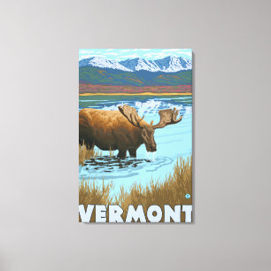 Lienzo VermontMoose que bebe en el lago