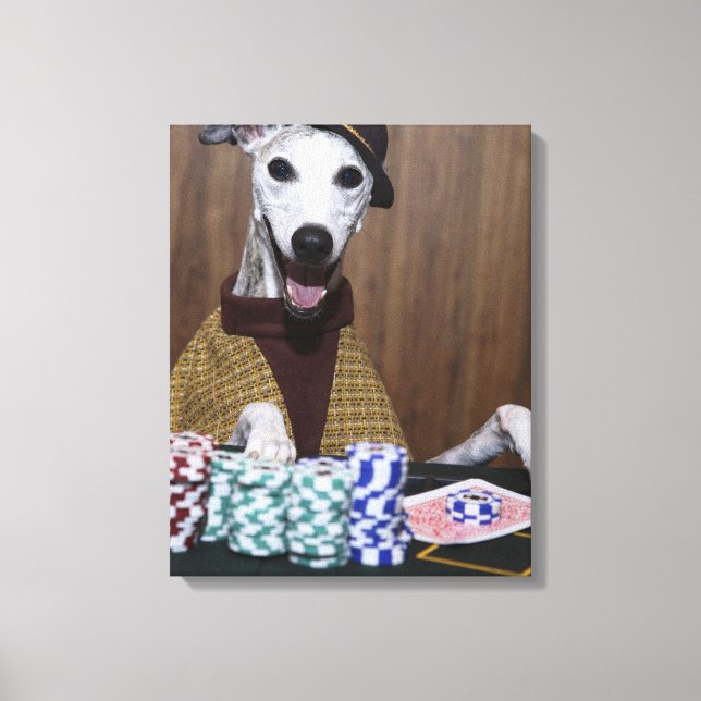 Lienzo Vestido blanco perro en la mesa de juego (Anverso)
