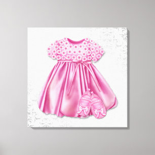 Lienzo Vestido de Damasco gris y rosa Vestido rosa niña b