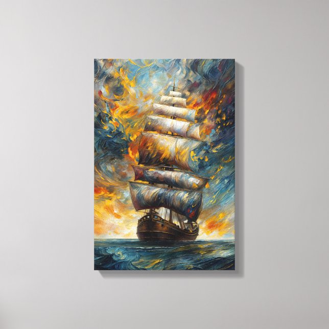 Lienzo Viaje Ardiente – Dramático Barco de Vela al Atarde (Anverso)