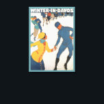 Lienzo Viajes de vintage, Art Deco, Invierno Davos Suiza<br><div class="desc">Anuncio de ilustracion vintage,  afiche de viaje europeo o etiqueta de equipaje de Davos,  Suiza,  con un diseño de deportes amorosos y románticos con patinaje sobre hielo en parejas. Invierno en Davos.</div>