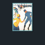 Lienzo Viajes de vintage, Art Deco, Invierno Davos Suiza<br><div class="desc">Anuncio de ilustracion vintage,  afiche de viaje europeo o etiqueta de equipaje de Davos,  Suiza,  con un diseño de deportes amorosos y románticos con patinaje sobre hielo en parejas. Invierno en Davos.</div>