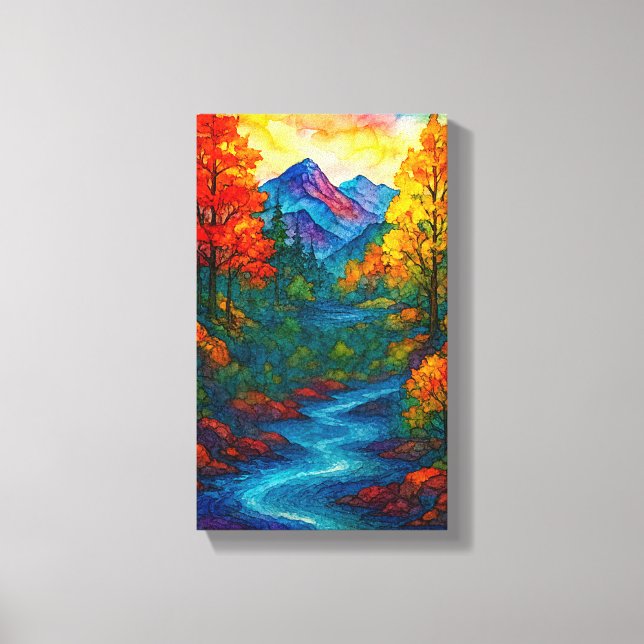 Lienzo Vibrant Alcohol Ink Mountain river and trees  (Anverso)