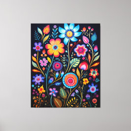 Lienzo Vibrant Neon Floral Black Background Wood Plaque