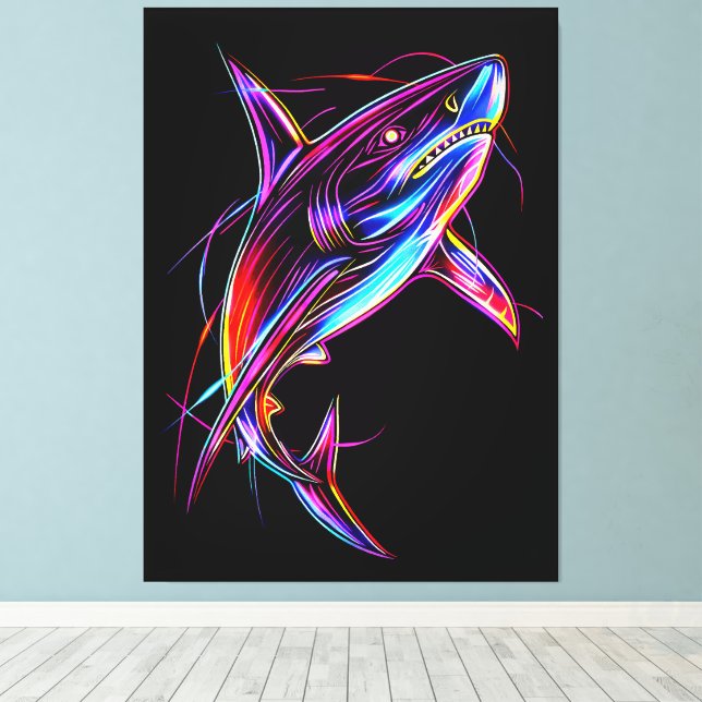 Lienzo Vibrant Neon Shark Modern Digital Ocean (Insitu (piso de madera))
