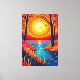 Lienzo Vibrant Orange Sunset Lake Landscape Art
