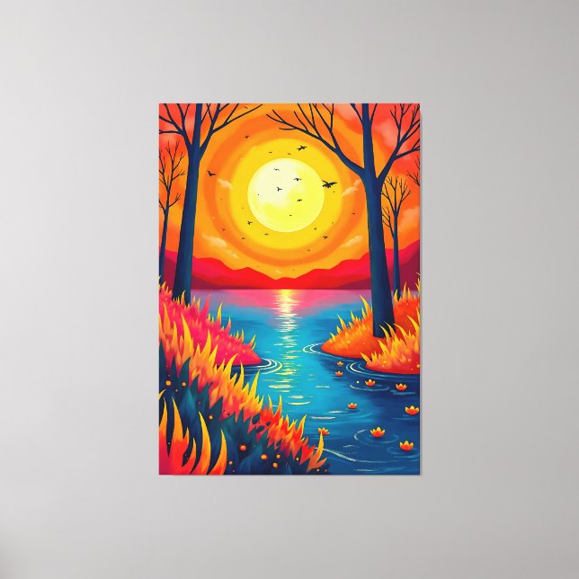 Lienzo Vibrant Orange Sunset Lake Landscape Art (Anverso)