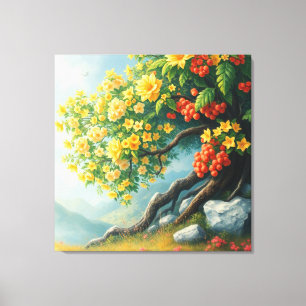 Lienzo Vibrante árbol de flores silvestres con fondo de m