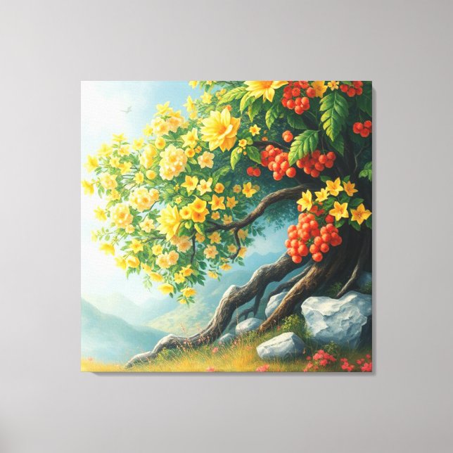 Lienzo Vibrante árbol de flores silvestres con fondo de m (Anverso)