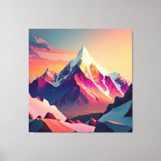 Lienzo Vibrante cumbre: Una montaña nevada al atardecer. (Anverso)