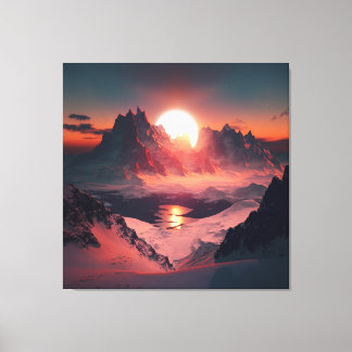 Lienzo Vibrante cumbre: Una montaña nevada al atardecer.