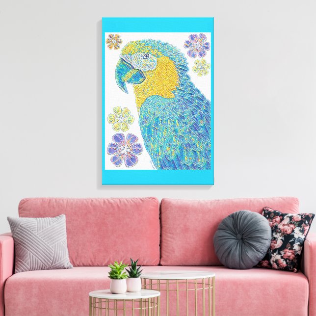 Lienzo Vibrante Diseño de Patrón Floral de Aves de Macaw (Insitu (Sala de estar))