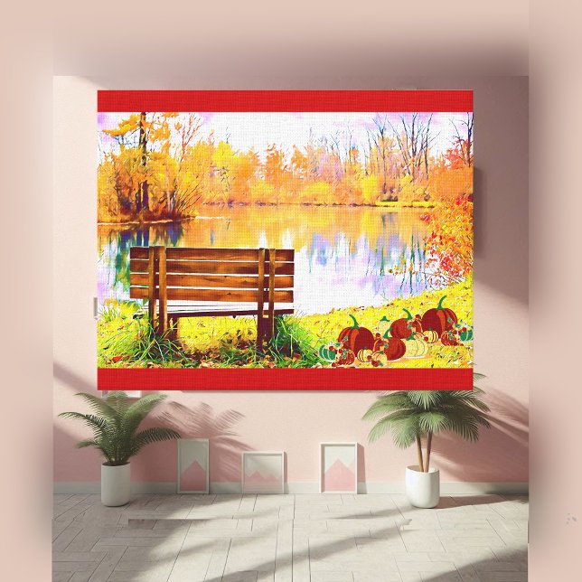 Lienzo Vibrante Naranja Jardín Baño Caída Color Hoja Otoñ (Vibrant Orange Garden Bench Fall Color Autumn Leaf Canvas Print)