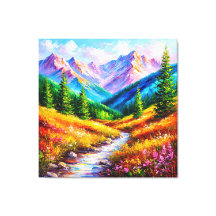 Vibrante paisaje montañoso con arroyo y flores sil