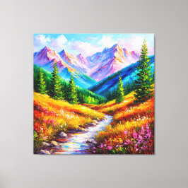 Lienzo Vibrante paisaje montañoso con arroyo y flores sil