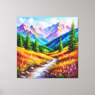 Lienzo Vibrante paisaje montañoso con arroyo y flores sil