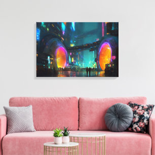Lienzo Vibrante paisaje urbano Cyberpunk con arcos
