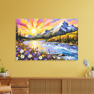 Lienzo Vibrante pintura al óleo de la montaña Sunrise