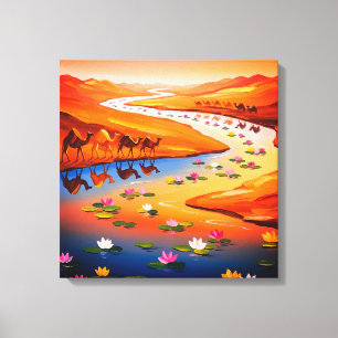 Lienzo Vibrante pintura de Oasis del Desierto con Caravan
