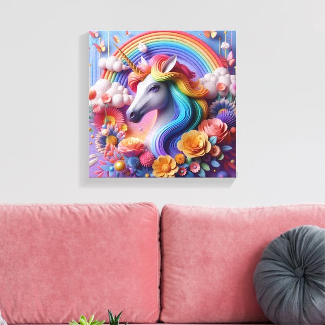 Lienzo Vibrante retrato de unicornio 3D con acentos flora (Insitu (Sala de estar))