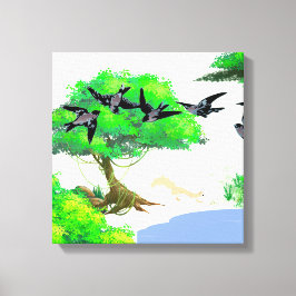 Lienzo Vida de los bosques primaverales con aves y ardill