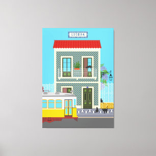 Lienzo Vieja casa de Lisboa con gatos y tranvía amarillo