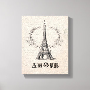 Lienzo Viejo Torre Eiffel Francesa AMOUR tela estirada